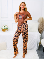 Leopard Pajama Set Short Sleeve Top & Pants Women's Sleepwear