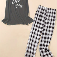 Lounge Set Women's Plus Slogan Print Tee & Plaid Print Pants Pajamas