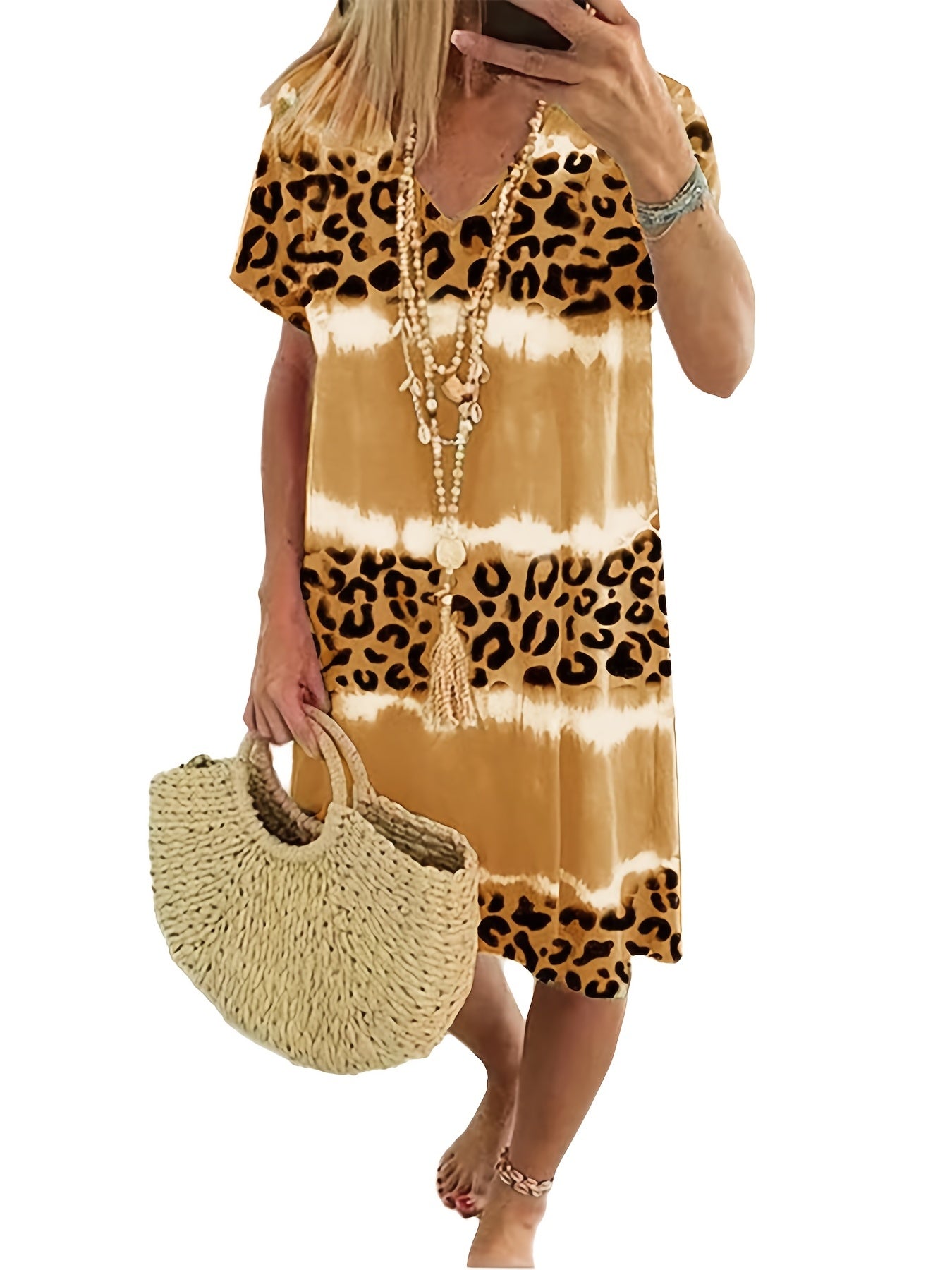 Leopard Print V Neck Dress Short Sleeve Beach Vacation Casual Dress