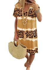 Leopard Print V Neck Dress Short Sleeve Beach Vacation Casual Dress