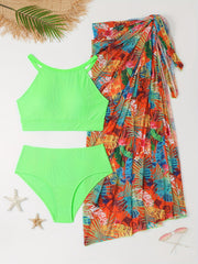 Ribbed Halter Bra Bikini Set with Cover Up Skirt