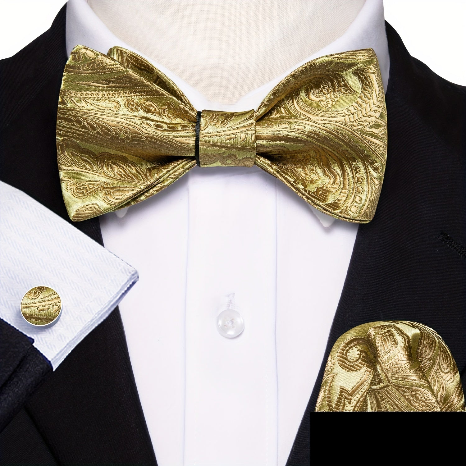 Barry Wang Bow Tie Set Golden Jacquard Floral Self-Tie Bowtie Pocket Square Cuff