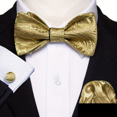 Barry Wang Bow Tie Set Golden Jacquard Floral Self-Tie Bowtie Pocket Square Cuff