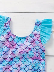 Baby Girls Mermaid Print Swimsuit Ruffle Sleeve