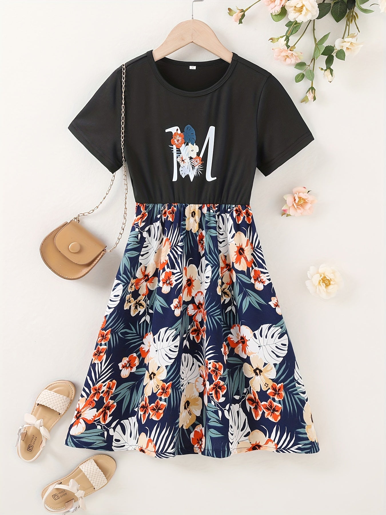 Kid Girls' Casual Dress Floral Skirt & T Shirt Patchwork Dresses