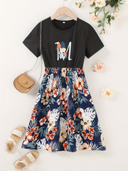 Kid Girls' Casual Dress Floral Skirt & T Shirt Patchwork Dresses