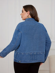 Denim Top Women's Solid Pipping Button Up Long Sleeve Jacket