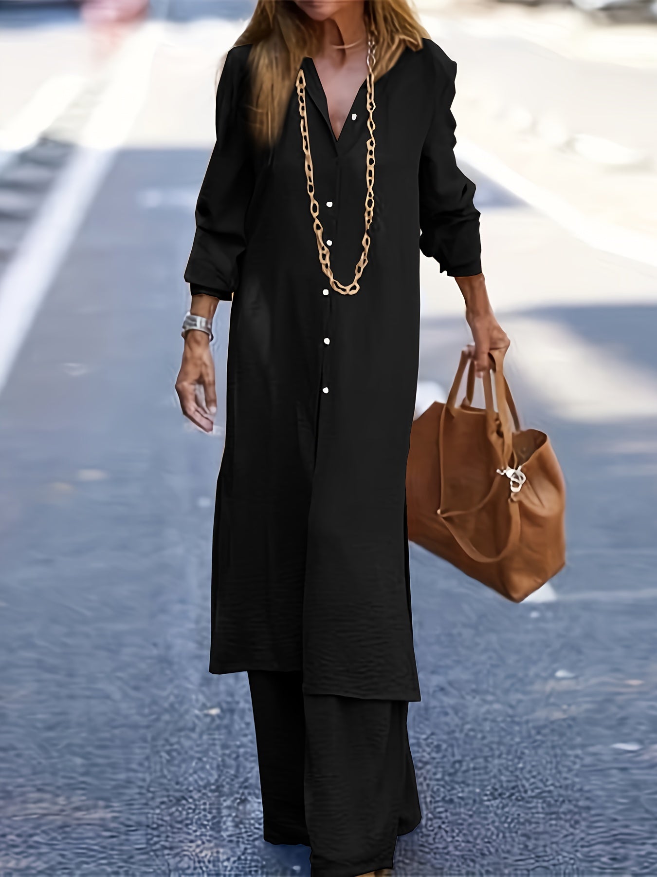 Solid Button Up Long Sleeve Lapel Casual Outfit Set