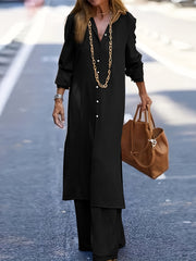 Solid Button Up Long Sleeve Lapel Casual Outfit Set