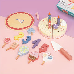 Wooden Birthday Cake Playset for Kids - Includes Candles, Cupcakes, Numbers