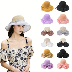 Bowknot Ponytail Sun Hat Wide Brim Breathable Bucket Hat Adjustable