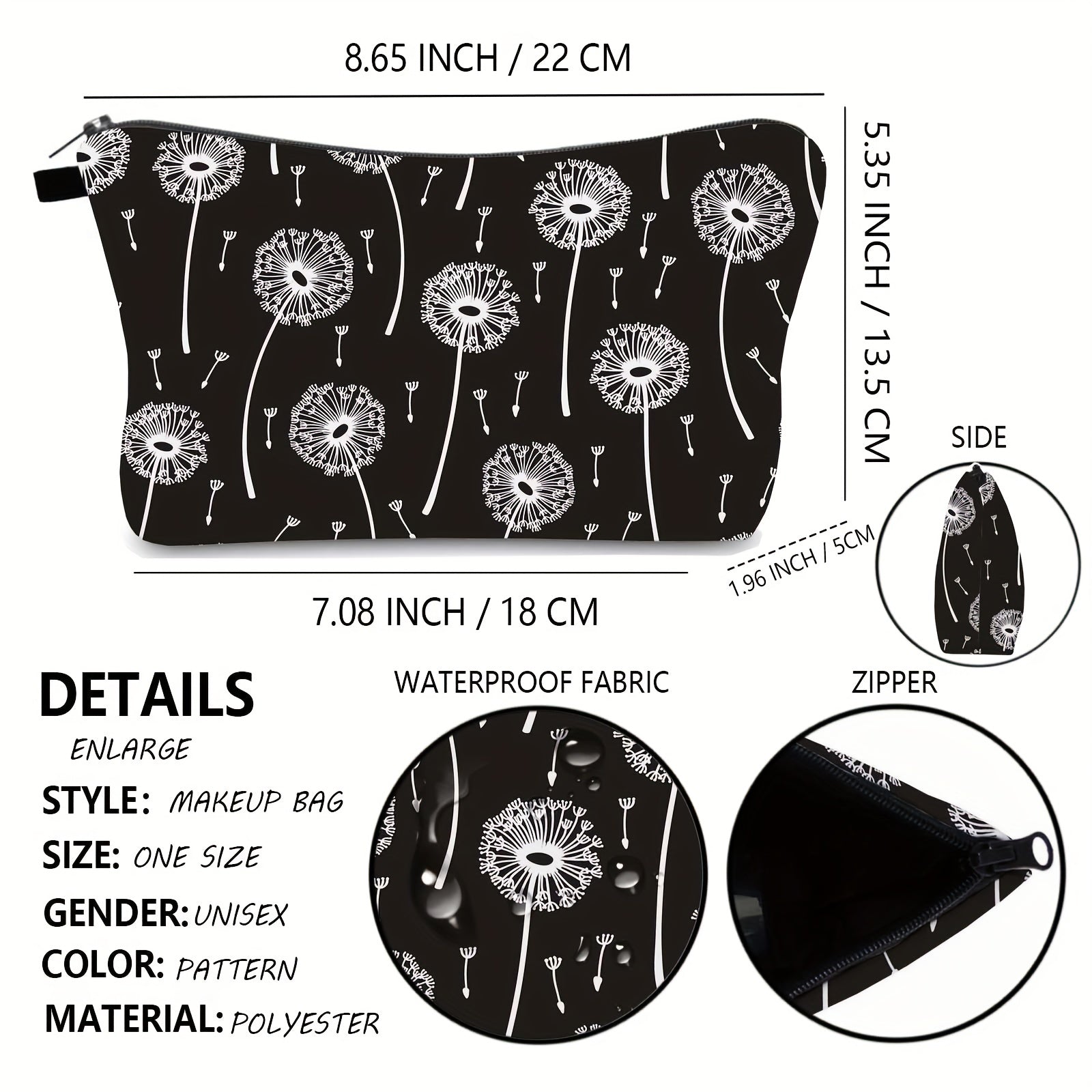 Dandelion Pattern Waterproof Makeup Bag for Teens