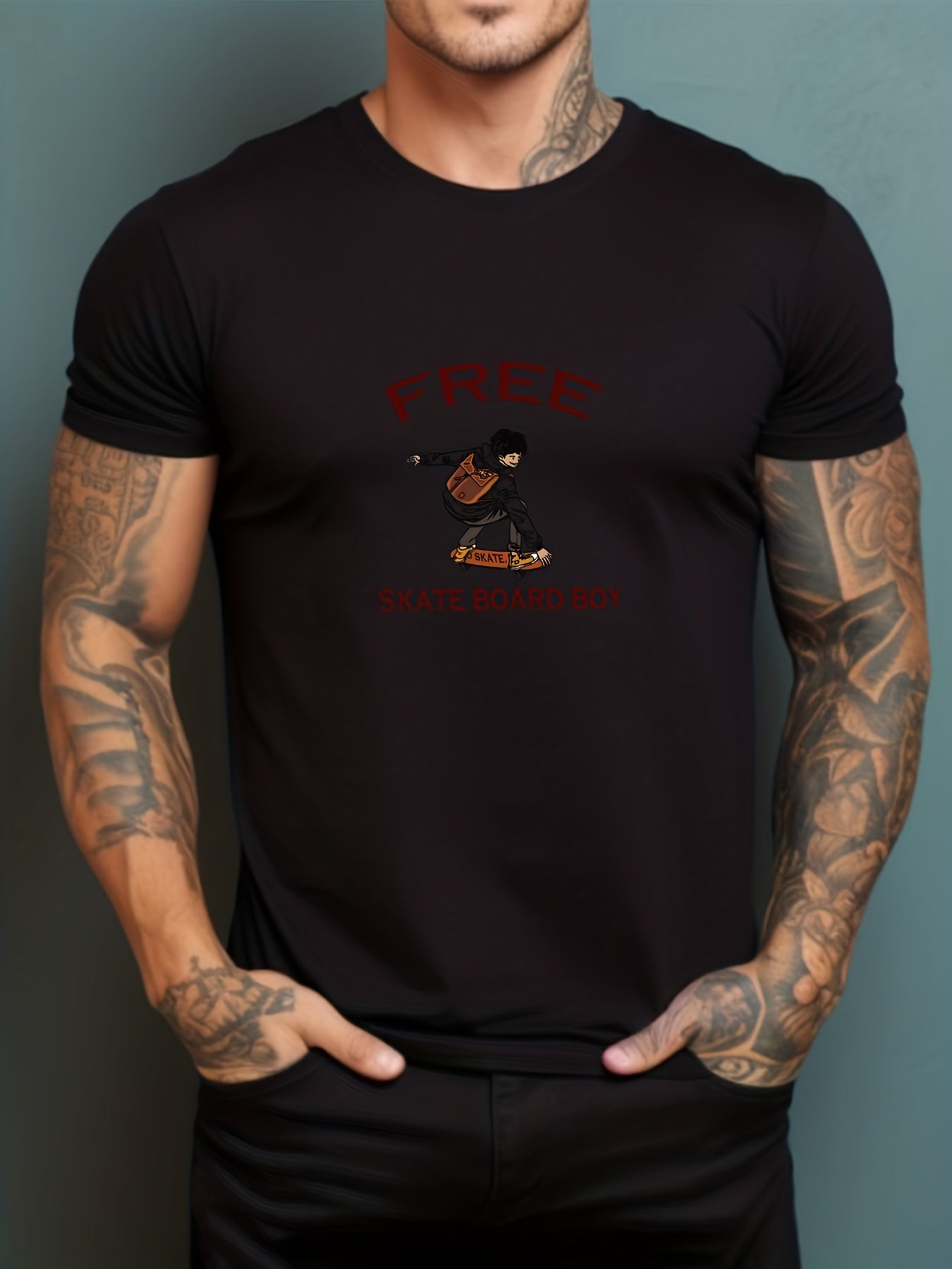 Skateboarder & Mountain Print Men's Comfy T shirt Graphic Tee