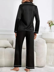 Striped Contrast Trim Pajama Set Long Sleeve Top & Pants