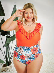 Boho Swimsuit Women's Plus Colorblock Tropical Print V Neck Ruffle Tri