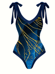 Glitter Marble Print Swimsuit Set & Cover Up Skirt