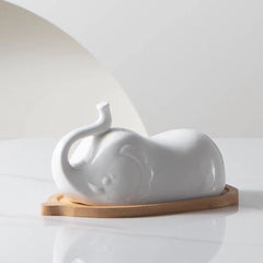 Elephant Shaped Ceramic Butter Dish with Lid and Wooden Saucer