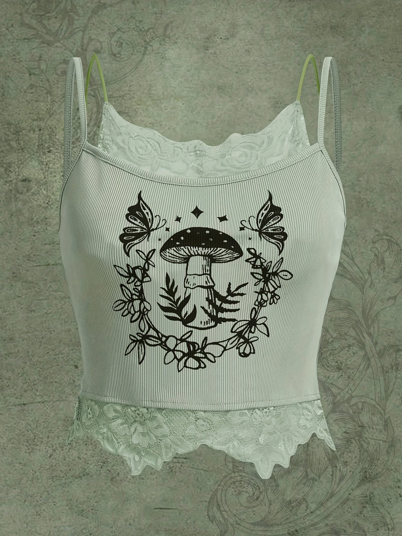 Mushroom Lace Trim Cami Top Sleeveless Summer Top