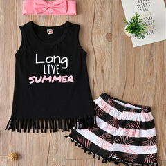 Girls Tassel Tank Top & Striped Leaves Shorts Set