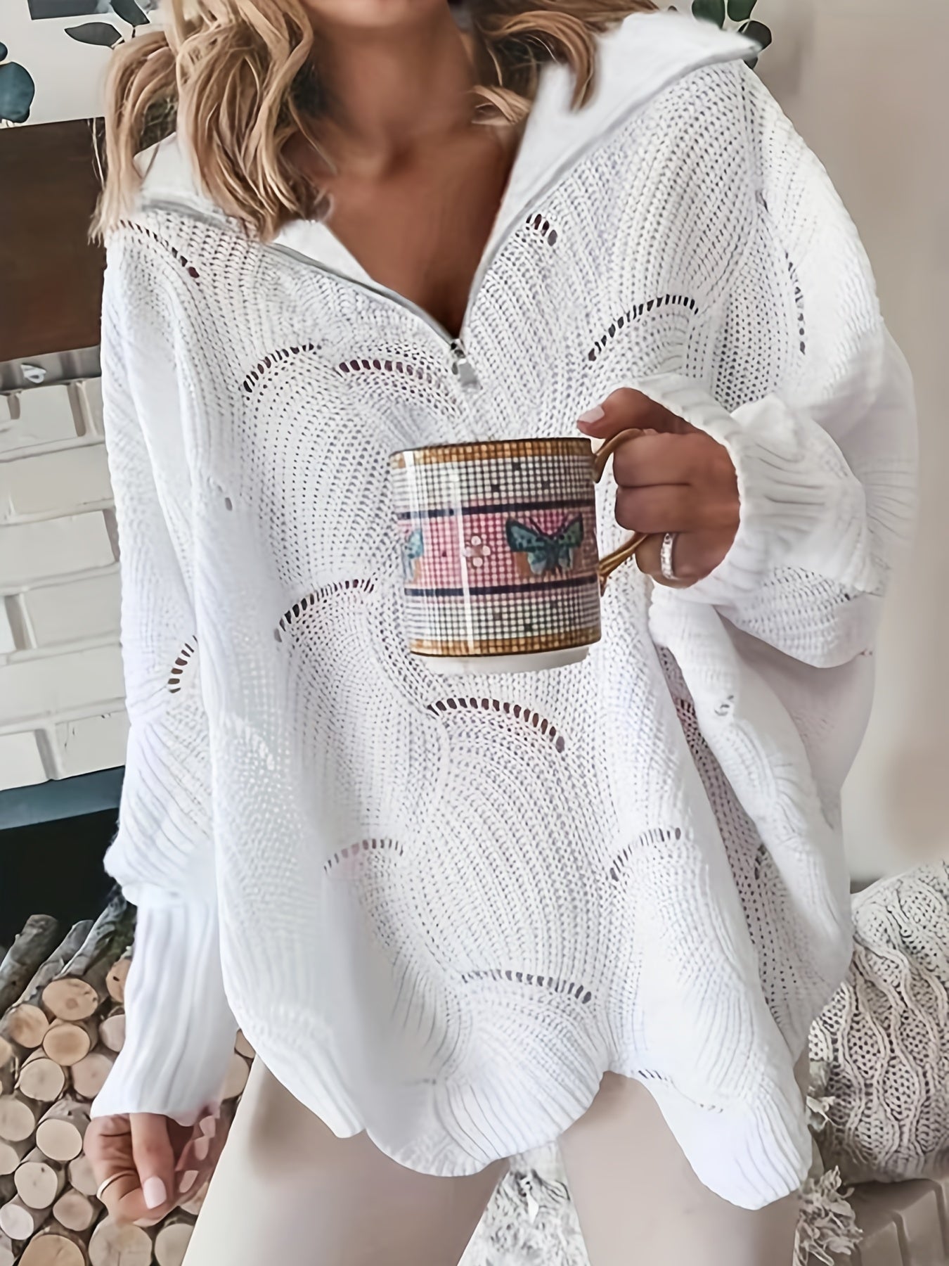 Solid Pointelle Long Sleeve Half Zipper V Neck Sweater