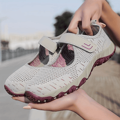 Women's Breathable Knit Sneakers Casual Hook & Loop Strap Shoes Grey & Purple