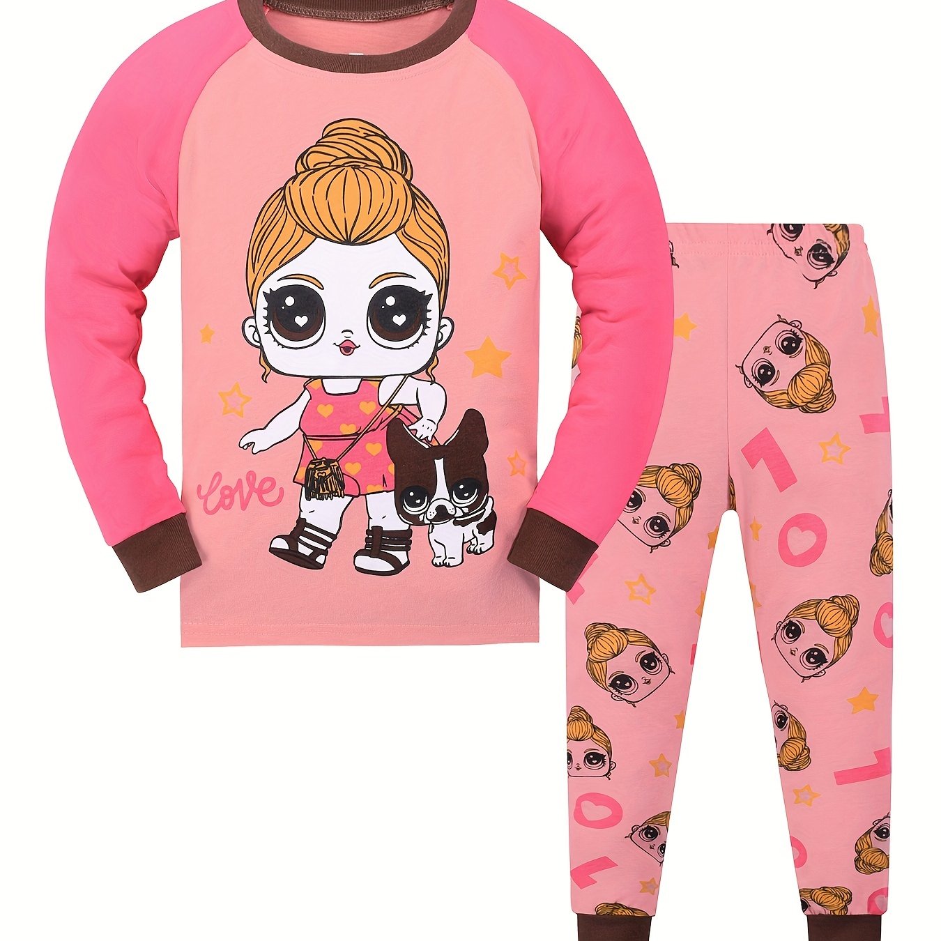 Kid's 2pcs Pajamas Long Sleeve Top & Pants Set Cartoon Girl LOVE Print