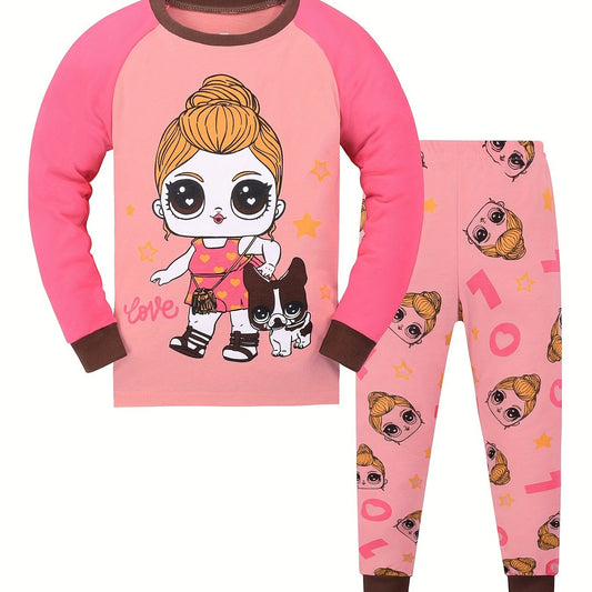 Kid's 2pcs Pajamas Long Sleeve Top & Pants Set Cartoon Girl LOVE Print
