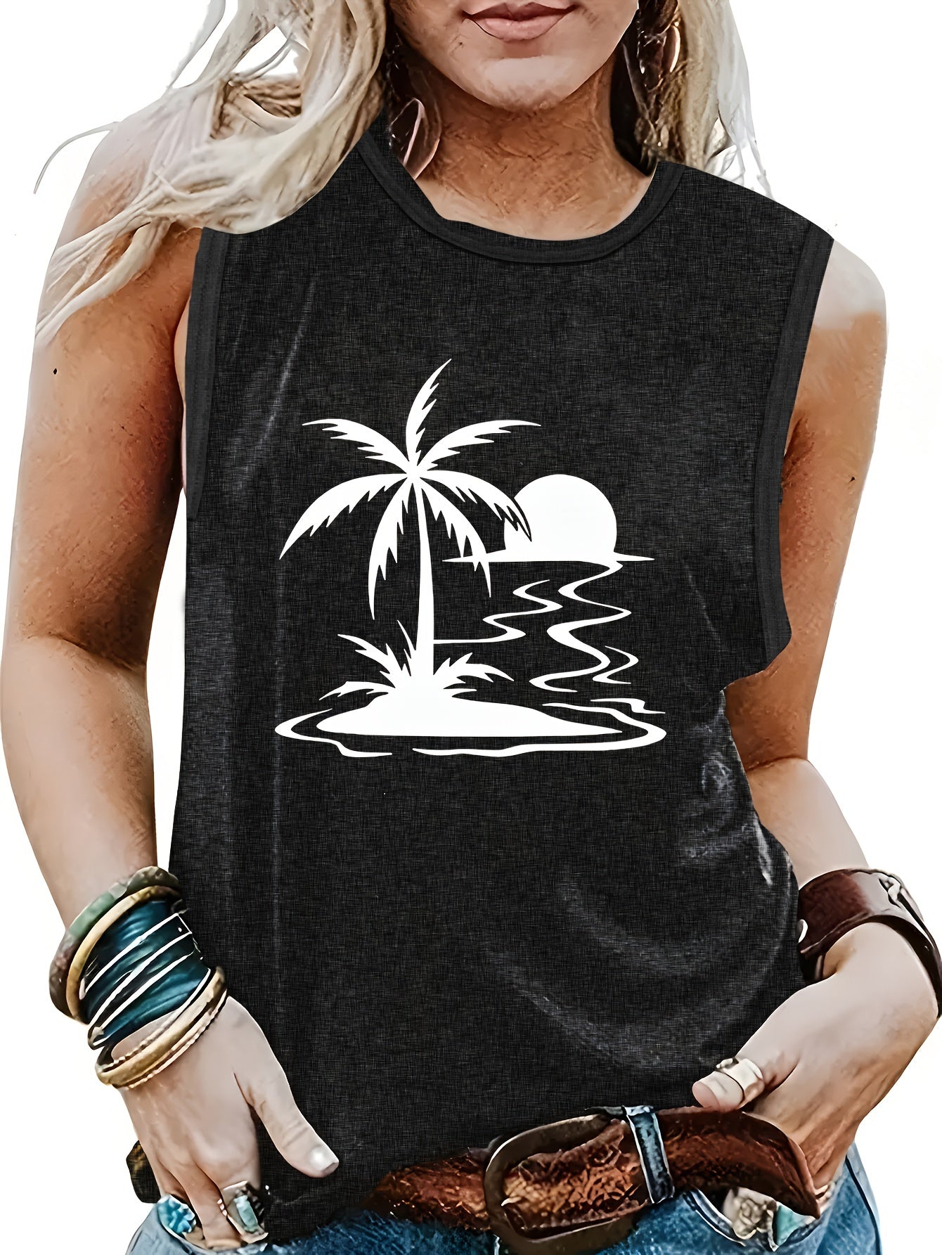 Landscape Print Crew Neck Tank Top for Summer