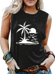 Landscape Print Crew Neck Tank Top for Summer