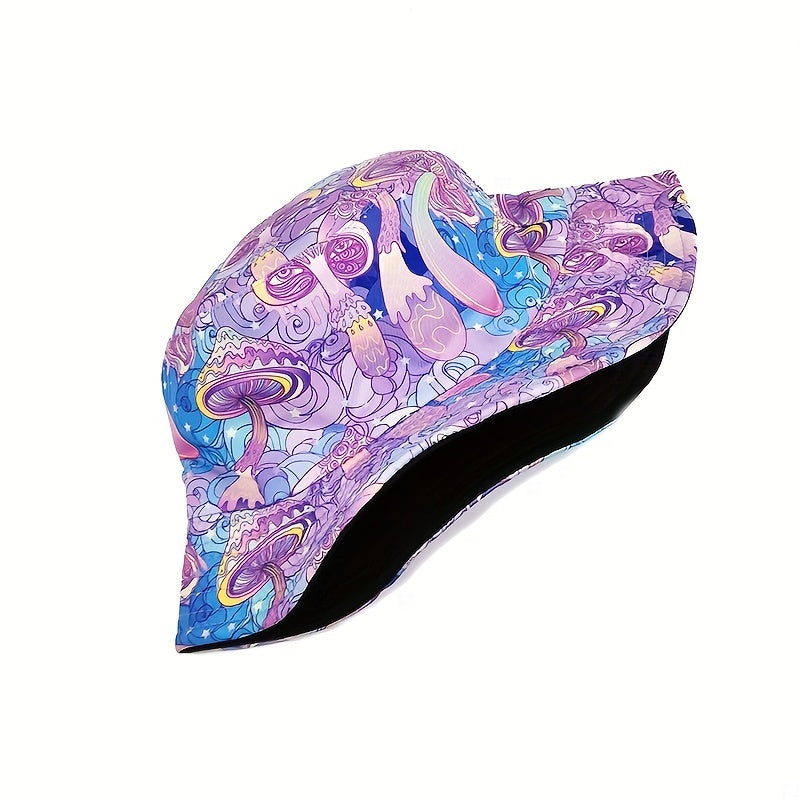Purple Mushroom Print Bucket Hat Sunscreen Vacation Fisherman Cap