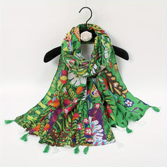 Boho Flower Print Scarf Vintage Tassel Shawl Sunscreen Head Wrap