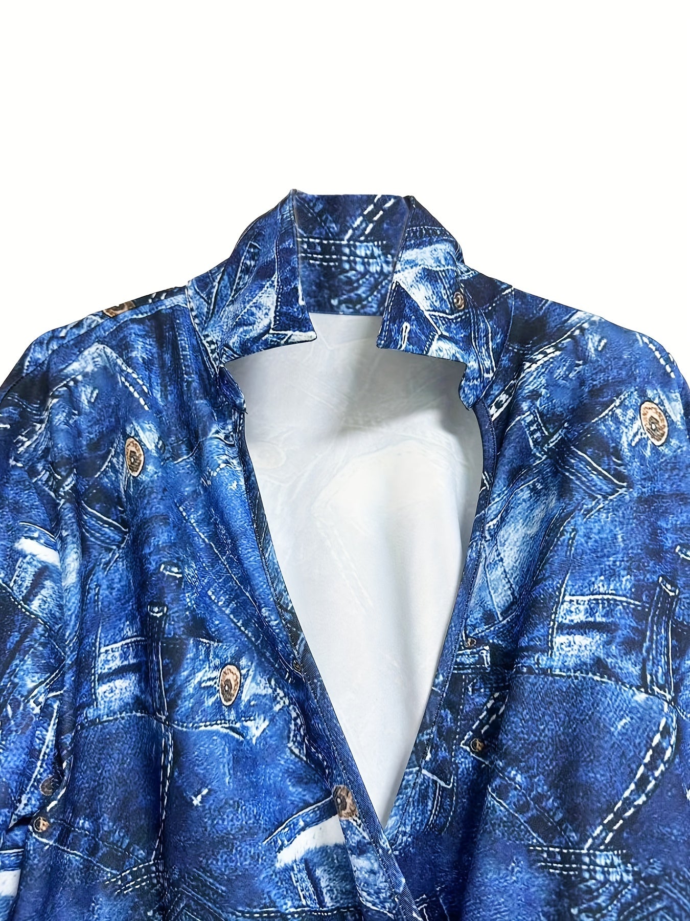 Denim Print Long Sleeve Lapel Collar Jumpsuit