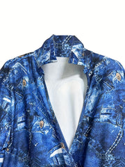 Denim Print Long Sleeve Lapel Collar Jumpsuit