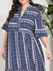 Colorblock Geometric Bell Sleeve Maxi Dress