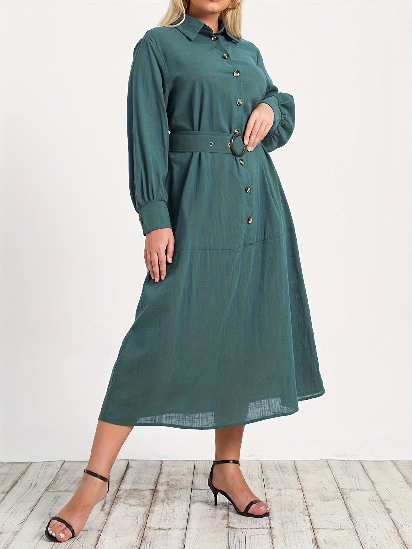 Solid Button Up Lantern Sleeve Shirt Dress With Belt