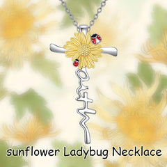 Sunflower Ladybug Decor Cross Pendant Necklace for Girls
