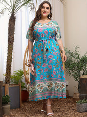 Women's Plus Colorblock Floral Maxi Dress With Belt