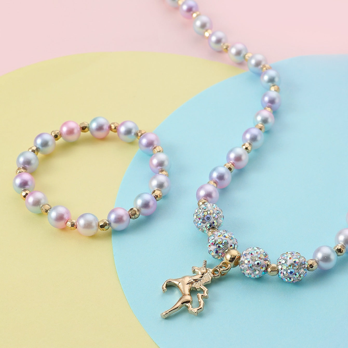 Kids Unicorn Bracelet & Necklace Set, Gradient Bead Jewelry