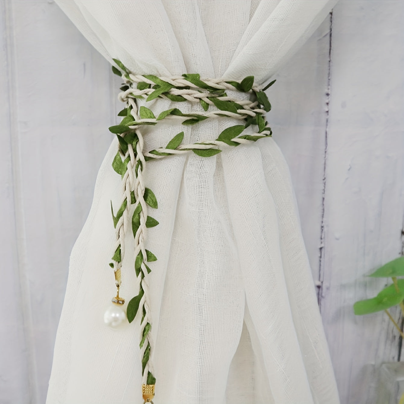2pcs Rattan Curtain Holdback Faux Pearl Beaded Rope Home Decoration