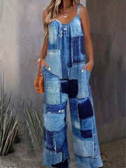 Denim Print Wide Leg Jumpsuit Sleeveless Women's Clothing