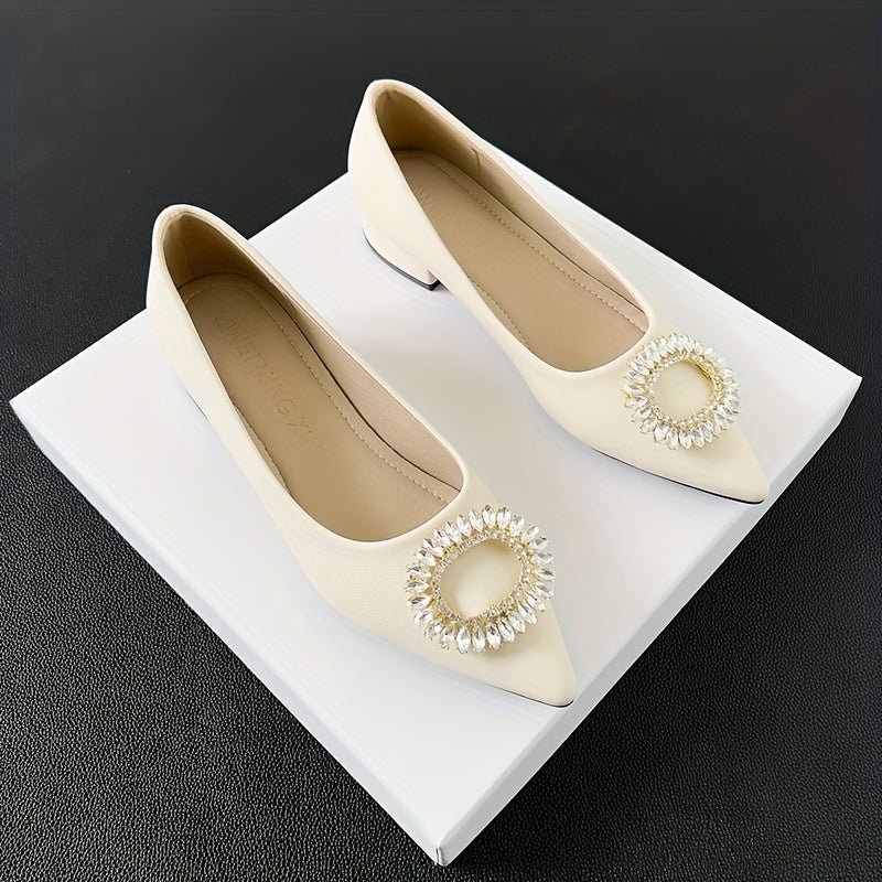Rhinestone Decor Point Toe Slip-On Chunky Heel Dress Shoes