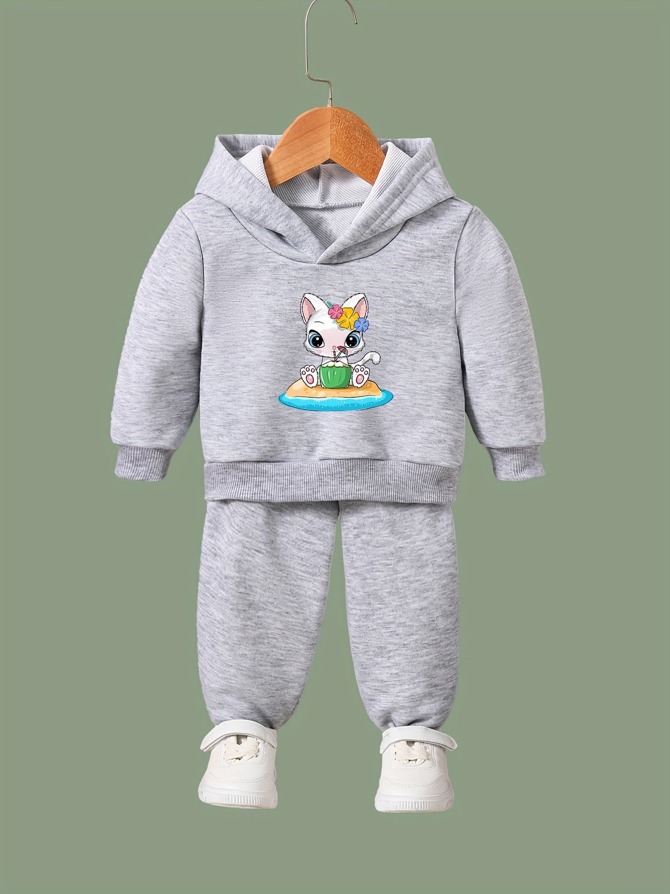Cartoon Cat & Coconut Print Hoodie & Pants Set, Girl's Sporty Clothes