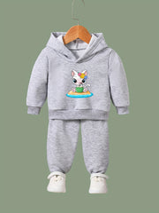 Cartoon Cat & Coconut Print Hoodie & Pants Set, Girl's Sporty Clothes