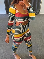 Striped Print Tie Set Scoop Neck Crop Top & Slim Pants Outfit