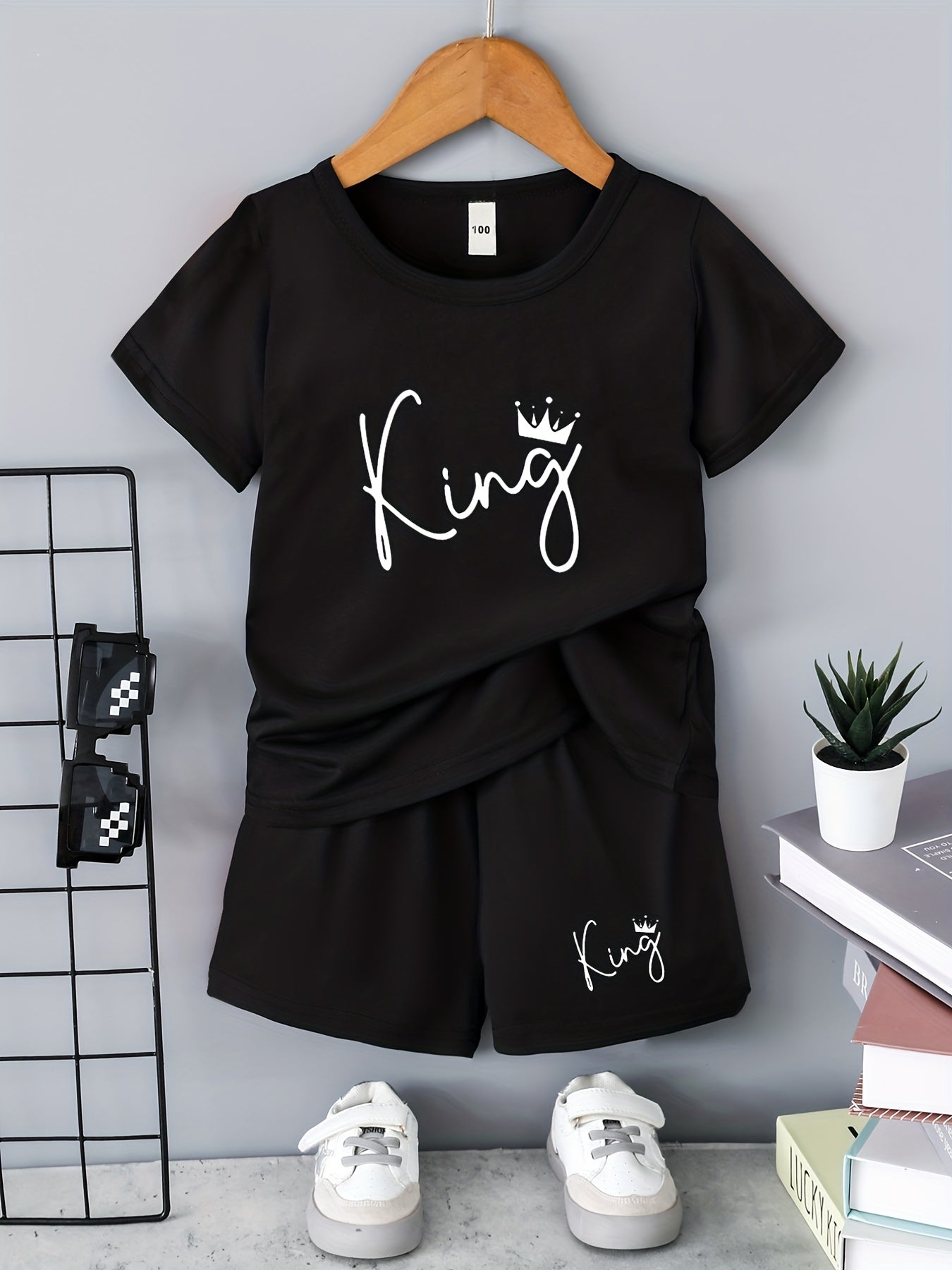 2pcs Boys King Crown Print T shirt & Shorts Summer Clothes Sets
