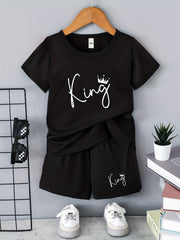 2pcs Boys King Crown Print T shirt & Shorts Summer Clothes Sets