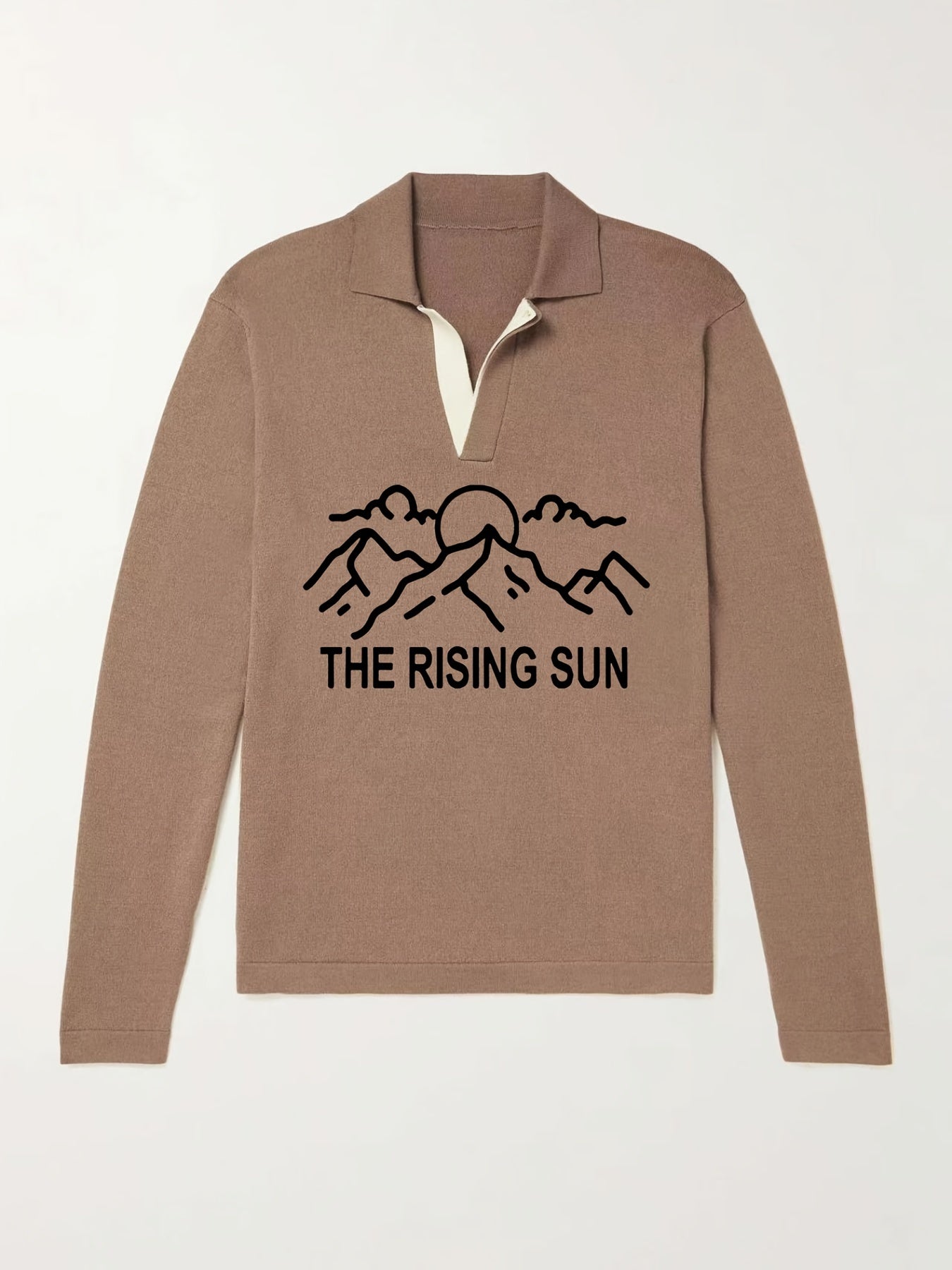 Rising Sun Pattern Knit Polo Shirt Men's Casual Stretch V Neck Pullover Sweater