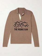 Rising Sun Pattern Knit Polo Shirt Men's Casual Stretch V Neck Pullover Sweater