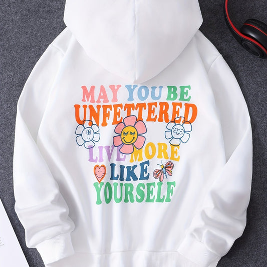 Girls' Floral & Slogan Graphic Long Sleeve Hoodie