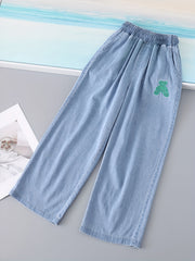 Girls Casual Jeans Bear Embroidery Elastic Waist Wide Leg Jeans